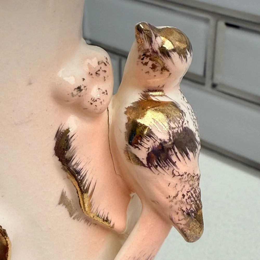 Vintage Pink and Gold Leaf-Detail Porcelain Vase Birds 1950s 1960s Mid-Century